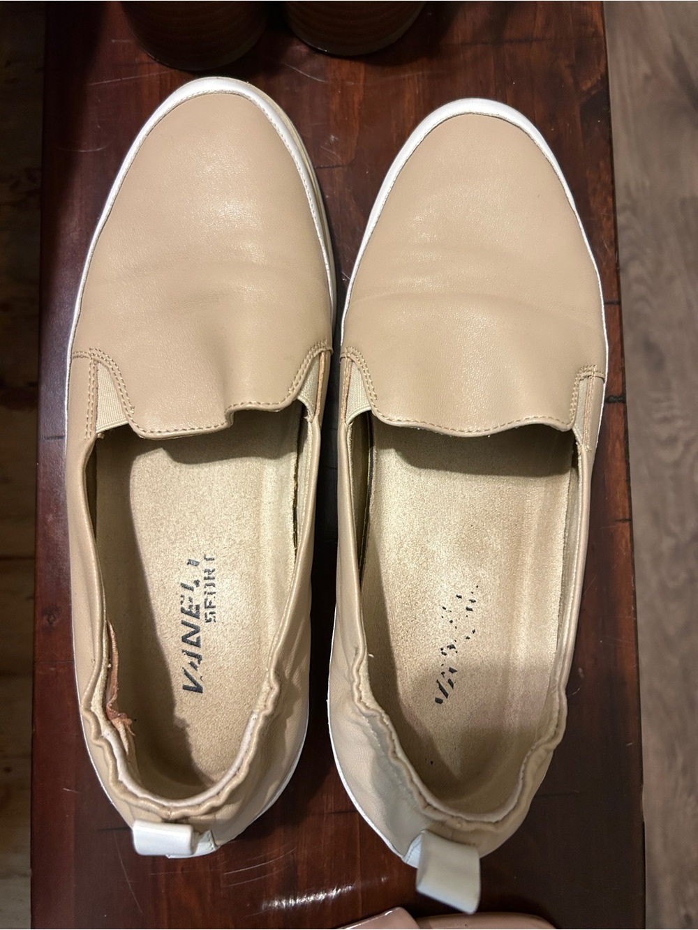 Vaneli Beige Slip-On Loafers with White Trim